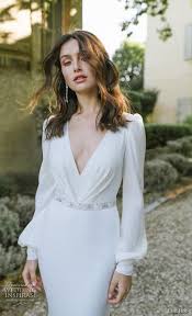 Long Bishop Sleeve Wedding Dress Lihi Hod 2019 Bridal Long Bishop Sleeves V Neck Simple Minimalist Elegant Sheath Bridal Gowns In 2020 Fitted Wedding Dress Fit And Flare Wedding Dress Trending Dresses
