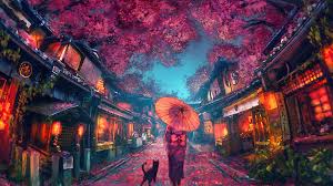 Anime cherry blossoms landscape hd wallpaper posted in anime wallpapers category and wallpaper original resolution is 1574x1152 px. 345245 Beautiful Anime Street Scenery Cherry Blossom Kimono 4k Wallpaper Mocah Hd Wallpapers