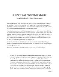 A simple compliment goes a long way to make your wife happy. 20 Ways To Make Your Husband Love You Doc