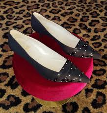 Vintage Christian Louboutin Black Crepe Fabric Satin Ribbon Pearl Kitten Heel Shoes Pumps