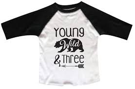 Black And White Baseball Tee Toddler Young Wild And Three Boys Or Girls Baseball 3 4 Sleeve Raglan Very Soft Trendy Shirt B996 Third Birthday Boys Birthday Themes For Boys 1st Birthday Shirts