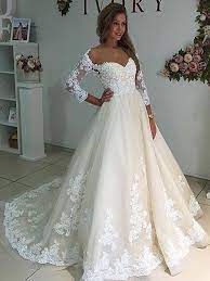 Unique A Line Long Sleeves White Lace Long Wedding Dress Ivory Wedding Dress Lace Wedding Dress With Sleeves Wedding Dresses