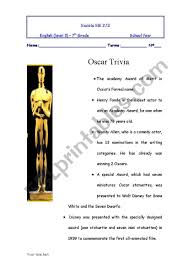 Have fun making trivia questions about swimming and swimmers. English Worksheets Oscar Trivia