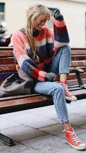 Winter Casual Outfit Stripped Sweater Jeans Red Converse Casual Summer Outfits Casual Winter Outfits Red Converse Outfit