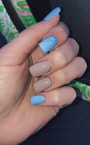 Blue And Tan Nails Beige Nails Light Blue Nails Short Acrylics Winter Nail Ideas Beige Nails Tan Nail Designs Tan Nails