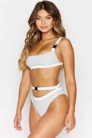 Kiki Ribbed Buckle Belted Bikini Bottom Slate Grey White