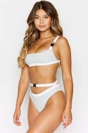 Kiki Ribbed Buckle Belted Bikini Bottom Slate Grey White