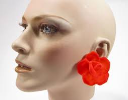 Big Red Roses Ear Clips Velvet 5,5 Cm Made in Germany 1990