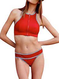 Women S Front Zipper Racer Back Striped Low Waist 2 Piece Surfing Swimsuit Red C81809snhto Size Small 2 4 Surf Swimsuit Swimsuit Red Swimsuits