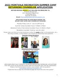 2022 MONTVALE RECREATION SUMMER CAMP RETURNING COUNSELOR APPLICATION