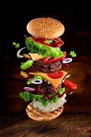 Maxi Hamburger Double Cheeseburger With Flying Ingredients Isolated On Wooden Food Menu Design Photographing Food Double Cheeseburger