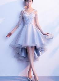 Grey Short Sleeves High Low Party Dress Lace Up Backless Formal Dress 2019 Prom Promdress P Backless Dress Formal Prom Dresses Short High Low Party Dresses