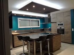 Cuisine moderne avec îlot et façades sans poignées. Cuisine Complete Ikea Avec Ilot Central Peinture Bleu Canard Breakfast Bar Home Decor Decor