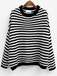 Black And White Striped Sweater Women S Black White Round Neck Striped Knit Sweater With Images Striped Knit Sweaters Knitted Sweaters