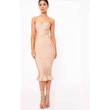 Pink frill overlay bardot bodycon midi dress, £22, missguided. Roxina Camel Bandage Frill Hem Midi Dress From Prettylittlething On 21 Buttons