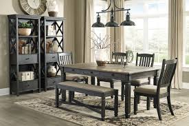 Tyler Creek Black Gray 8 Pc Rectangular Dining Room Table 4 Upholstered Side Chairs Upholstered Bench 2 Display Cabinets