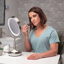 Brookstone Cordless Illuminated Makeup Mirror Koolorbs 10x magnifying makeup mirror with lights, 3 color lighting, intelligent switch, 360 degree rotation, powerful suction cup, portable , good for tabletop 10x magnifying mirror with light,magnifying makeup mirror, travel makeup mirror and portable bathroom makeup mirror. brookstone