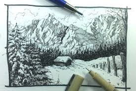Pen Ink Drawing Tutorials How To Draw A Winter Landscape Landscape Drawing Tutorial Landscape Drawings Ink Pen Drawings