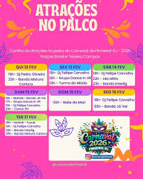 O Carna 2026 Pinhalzinho está chegando! De 14 a 17 de fevereiro, com  desfiles, shows, matinês e atrações em diferentes pontos da cidade.  Programação principal no Estádio Municipal Ferreirão Mais novidades em  breve!