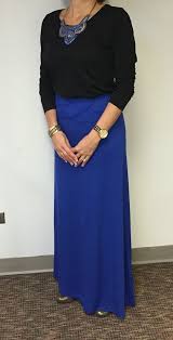 Black And Royal Blue Shirt Work Outfit Royal Blue Maxi Skirt Black T Shirt Statement Necklace Maxi Skirt Blue Maxi Fashion