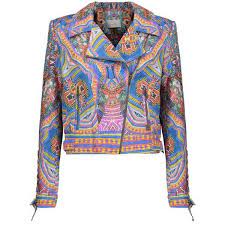 Camilla Printed Leather Biker Jacket 540 Liked On Polyvore Featuring Outerwear Jackets Mot Coloured Leather Jacket Colorful Leather Jacket Jacket Design