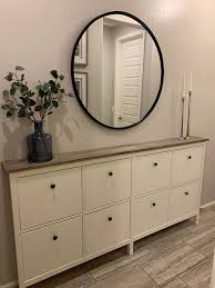 For Our Narrow Entryway We Combined Two Ikea Hemnes Shoe Cabinets And Replaced The Original Tops With A Stained Wood Top I Am So Happy With How This Hack Turn Ikea