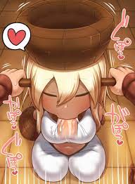 :>= blonde hair blueskin no mori closed eyes commentary dark skin  eyebrows visible through hair fellatio female forest of the blue skin from  above hair between eyes heart highres