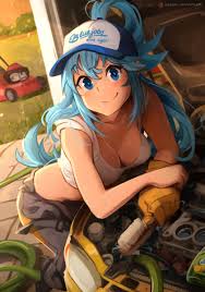 khyle., aqua (konosuba), kono subarashii sekai ni shukufuku wo!, highres,  1girl, alternate costume, blouse, blue eyes, blue hair, blush, breasts,  car, cleaning brush, cleavage, downblouse, hair rings, leaning forward,  long hair, looking