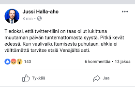 Perussuomalaisten puheenjohtaja, kansanedustaja / chairman of finns party, member of parliament. Jussi Halla Aho On Estetty Twitterissa