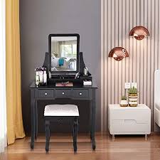 Vanity Set With Mirror Wood Makeup Dressing Table With 5 Sliding Drawer 1 Cushioned Stool 1 Mirror De In 2020 Dressing Table Vanity Vanity Table Set Bedroom Vanity Set