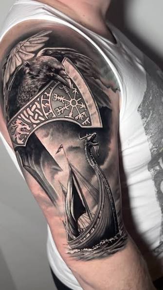 @voishop_pl , @tattooartkarlsruhe , @worldfamousink , @emalla.official , @vesper_eu , #ugenetattoo #blackandgreytattoo #vikingtattoo #vikings #vikingaxe #raventattoo #vikingstyle #realistictattoo ...