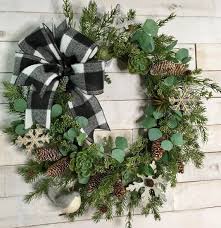 Black And White Buffalo Plaid Ribbon Succulent Winter Wreath Succulent Winter Door Decor Black Winter Door Decorations Winter Wreath Front Door Christmas Decorations