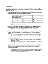 Dihybrid cross worksheet in rabbits, gray hair is dominant to white ggbb ggbb 2. Genetics Questions Docx Dominance Genetics Zygosity