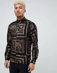 Black And Gold Design Shirt Asos Design Regular Fit Tiger Sheer Shirt With Gold In Black Black Modesens Sheer Shirt Shirts Asos Designs