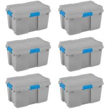 Extra hanging space adjustable height: Sterilite 18336a03 30 Gallon Heavy Duty Plastic Storage Container Box With Lid And Latches Grey Blue 6 Pack Target