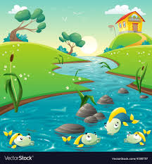 Landscape With River And Funny Fish Vector Image On Vectorstock Art Drawings For Kids Cartoon Sea Animals Save Water Poster Drawing