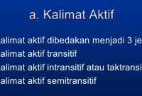 Kalimat aktif berobyek dapat diubah menjadi kalimat pasif, dengan mengganti awala pada kalimat aktif tidak berobyek disebut juga kalimat intrasinitif. Makalah Tentang Kalimat Pasif