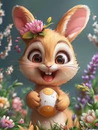 Easter day with cartoon cute happy bunny holding colorful egg or bouquet  laughing decoration easter