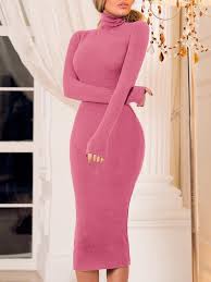 Solid High Neck Long Sleeve Midi Dress Pink Long Sleeve Dress Long Sleeve Midi Dress Maxi Dress Outfit Fall