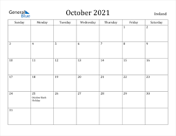 2021, monday, june bank holiday 2 august 2021, monday, august bank holiday 25 october 2021, monday, october bank holiday 25 december 2021, saturday, christmas day 26 december 2021, sunday, st stephen's day. Ireland October 2021 Calendar With Holidays