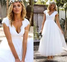Shop the latest asos edition cross back midi dress in organza check trends with asos! Discountshort Wedding Dresses V Neck Lace Tulle Cap Sleeves Ankle Length Summer Autumn Beach Boho Bridal Dresses Cheap Wedding Gowns Midi Length From Yoursexy C Boho Bridal Dress Wedding Dresses Short Wedding