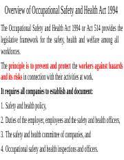 Objective securing the safety, safety health and welfare of persons at work y protecting persons at a place of p y work other than employees y promoting a suitable environment f persons at t work k for y enabling previous. Overview Occupational Safety And Health Act 1994 Pptx Overview Of Occupational Safety And Health Act 1994 The Occupational Safety And Health Act 1994 Course Hero