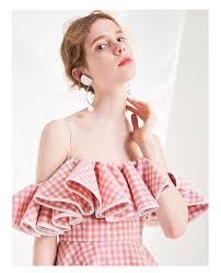 Red And White Plaid Checkered Gingham Ruffled Suspender Off Shoulder Ruffle Shoulder Dress Cako Good Girl Rebel