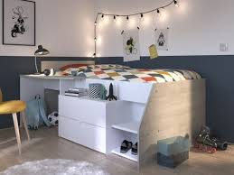 Lit Gisele Bureau Et Rangements 90x200cm Blanc Et Chene En 2020 Lits Cabine Lit Enfant Rangement Lit Combine