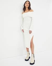 Polka dot off the shoulder skater dress. Off The Shoulder Knit Dress In White Glassons