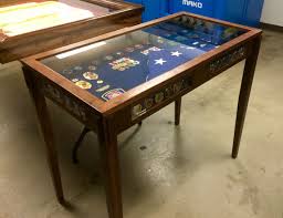 Custom Walnut Military Shadow Box Sofa Table The Legs Are Solid 2 X2 With A Tapered Detail Th Shadow Box Coffee Table Military Shadow Box Shadow Box Table