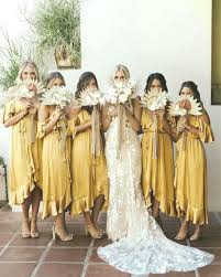Off The Shoulder Boho Bridesmaid Dresses In Mustard Yellow With Neutral Protea B Boh Bridesmaid Dresses Boho Yellow Bridesmaid Dresses Yellow Bridesmaids