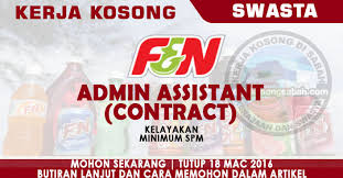 Dapatkan iklan jawatan kosong di sini. Kerja Kosong Admin Assistant F N Beverages Manufacturing Sdn Bhd Jawatan Kosong Terkini Negeri Sabah