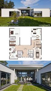 Bungalow Haus Modern Mit Garage Flachdach Im Bauhausstil Bauen Haus Grundriss U Form Mit Innenhof Haus Grundriss Haus Bungalow Grundriss Bungalow