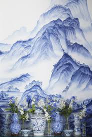 A Thousand Li Of Rivers And Mountains Design In Delft Design Colours On Bleached White Dy Chinese Landscape Painting Hand Painted Wallpaper Painting Wallpaper